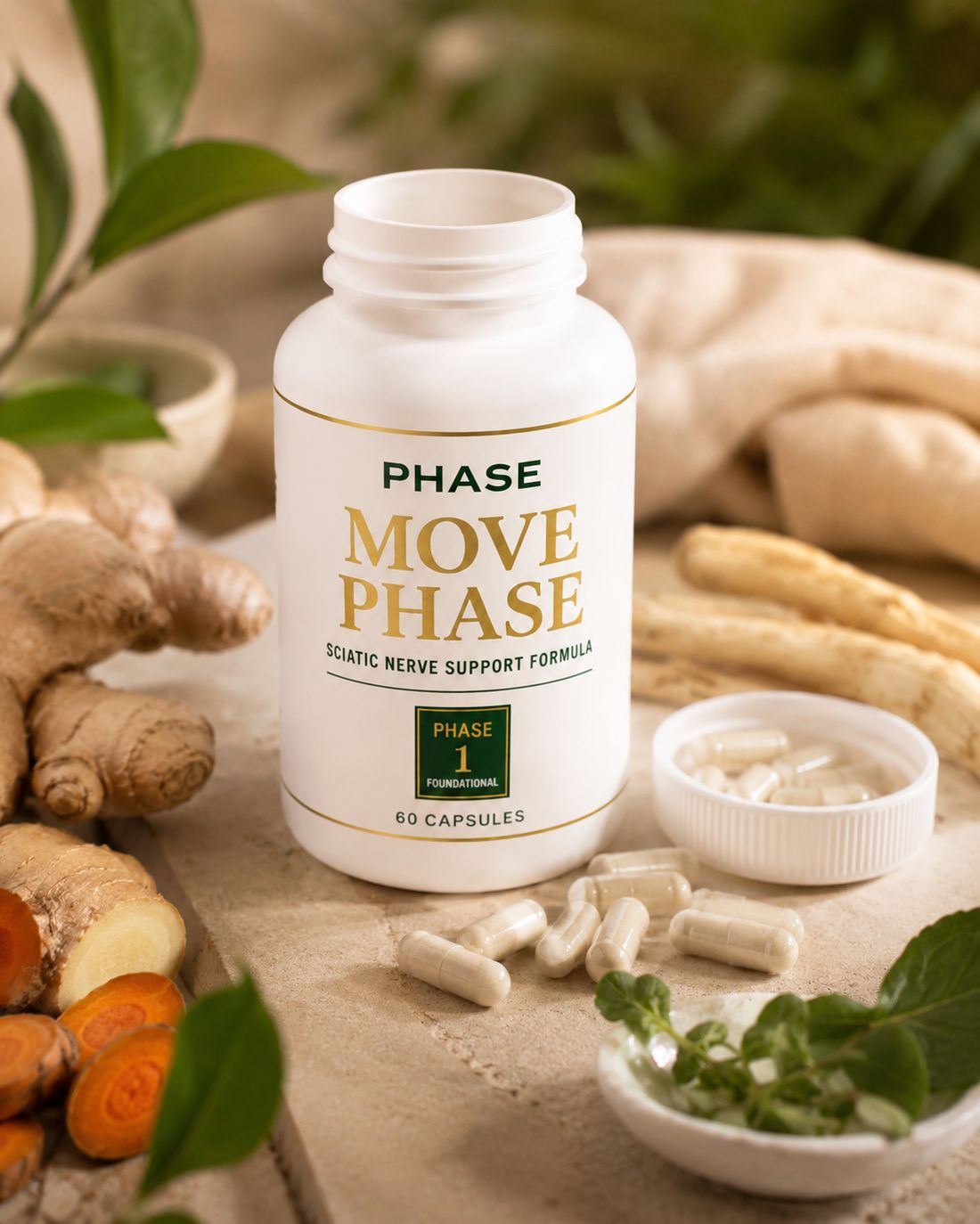 Move Phase capsules spilling from a wooden scoop beside the bottle