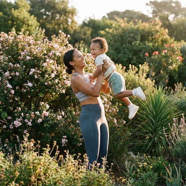 A parent lifting a child in a sunlit garden