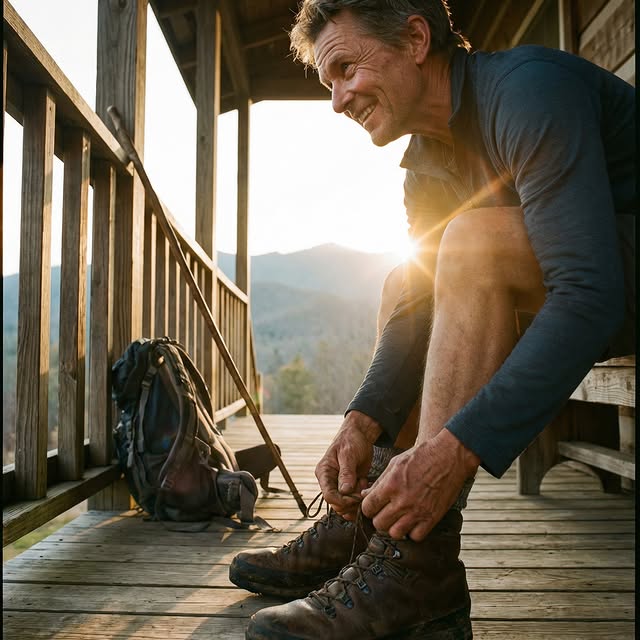 Lacing up boots on a porch at golden hour