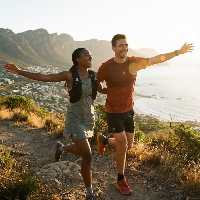 A couple running along a South African coastal trail